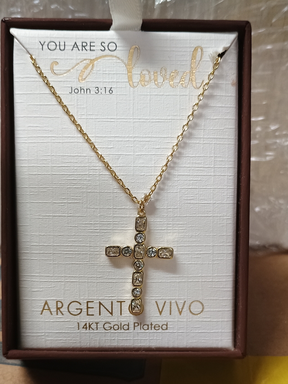 Argento Vivo 14K Gold Plated Crystal Cross Necklace NIB John 3:16 You Are Loved